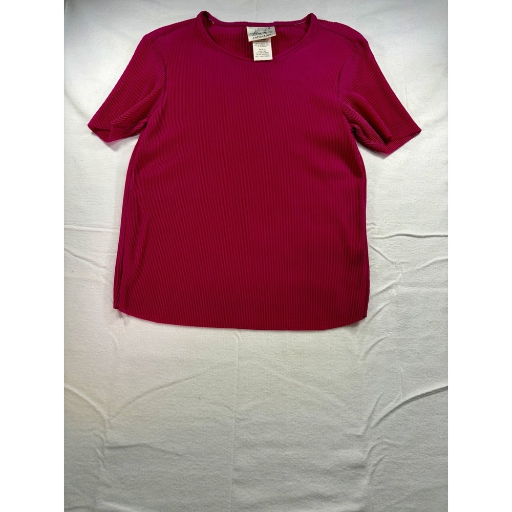 Kathie Lee Collection  Ribbed Knit V-Neck Top Short Sleeve Dark Pink Size M